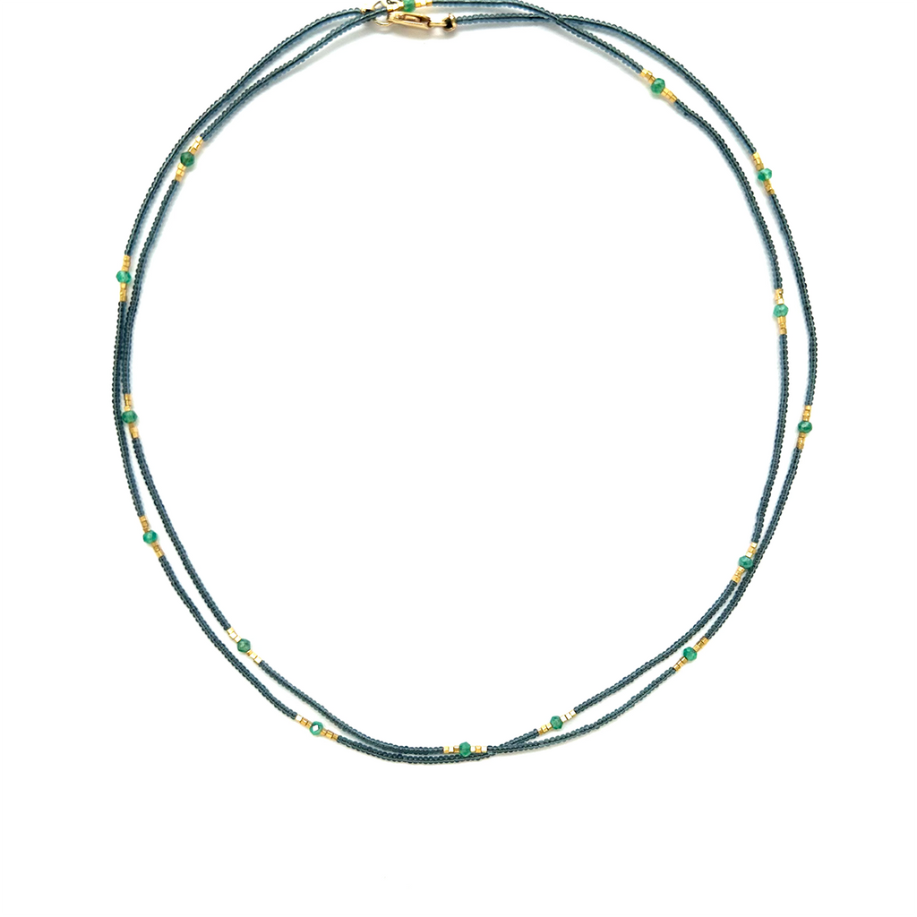Green Onyx & Grey Seed Bead Necklace Long