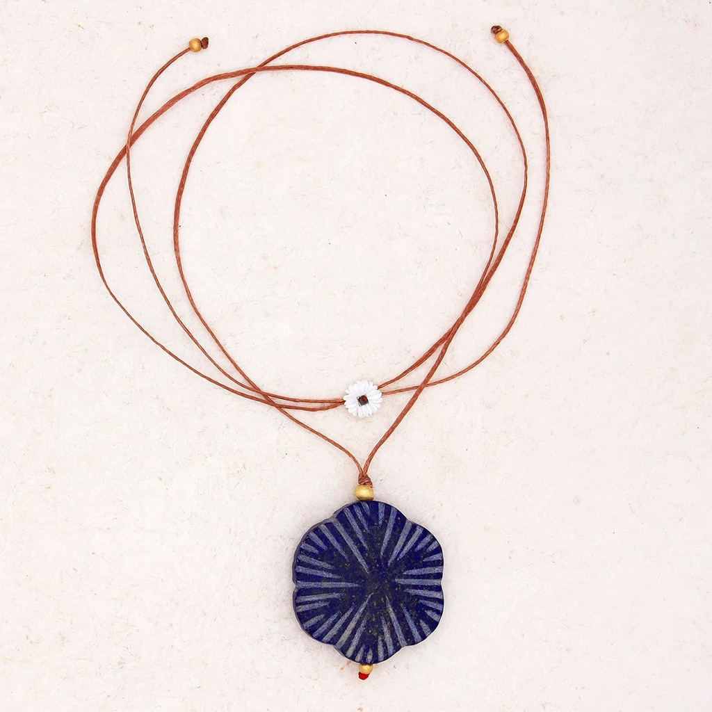 Hand Carved Lapis Flower Necklace