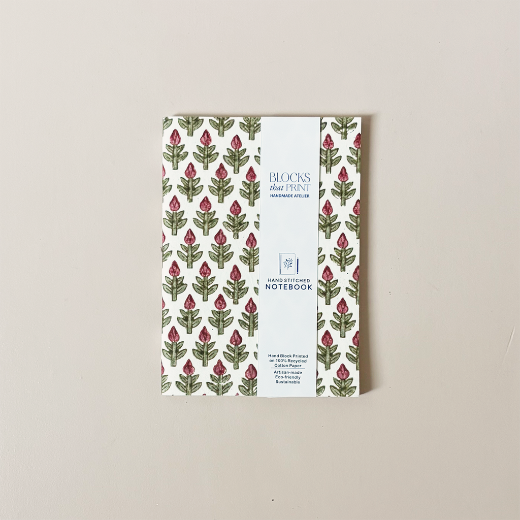 Hand Stitched Notebook Red Flower Medium