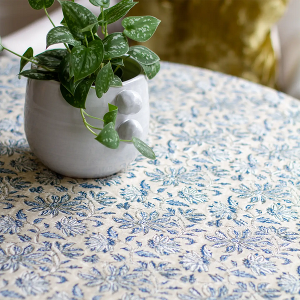 Woven Floral Blue Tablecloth 70" x 120"