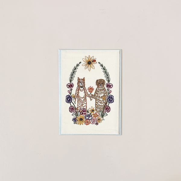 Cat and Dog Friends Embroidered Note Card