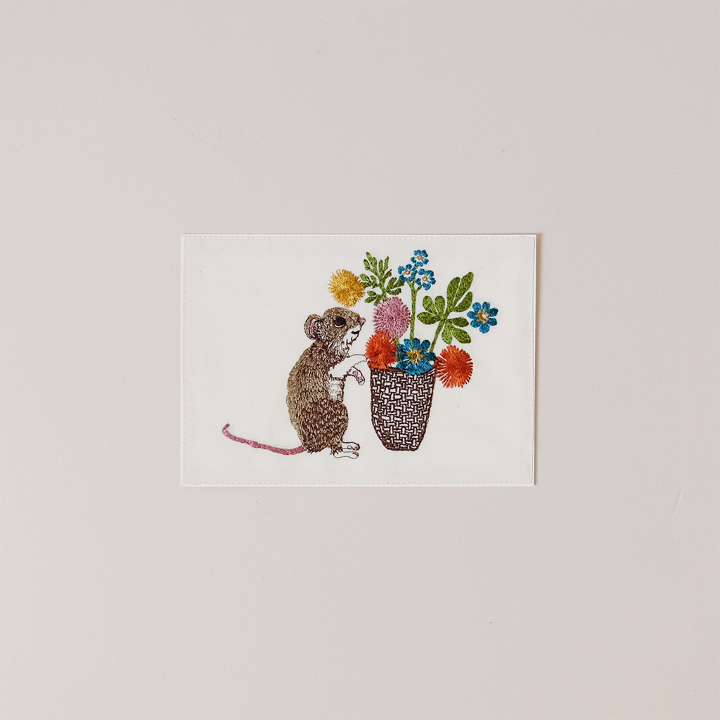 Mouse with Flowers Embroidered Note Card