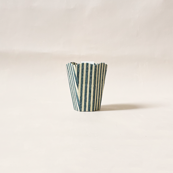 Blue & Ochre Striped Scalloped Pen Pot