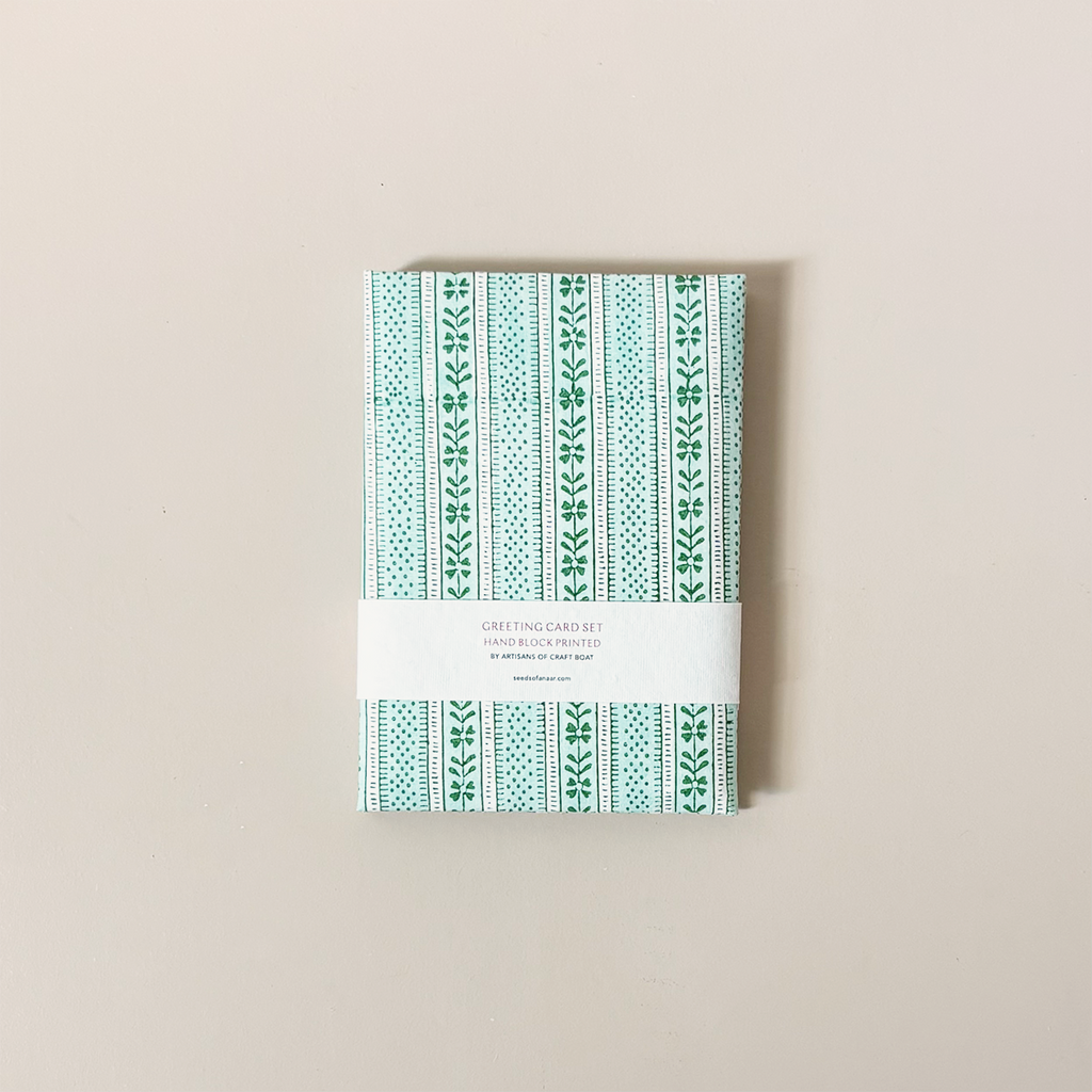 Celadon Green Floral Stripe Note Card Set