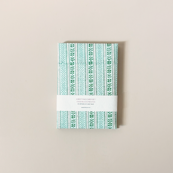 Celadon Green Floral Stripe Note Card Set