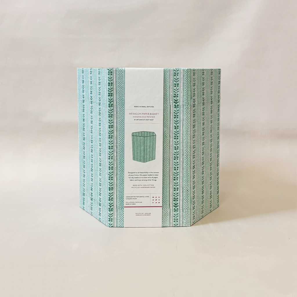 Hexagon Collapsible Basket Celadon Green Floral Stripe