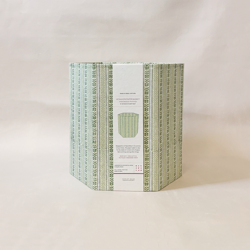 Hexagon Collapsible Basket Green Floral Stripe