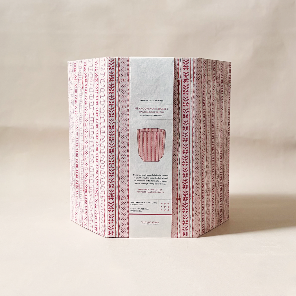 Hexagon Collapsible Basket Red Floral Stripe