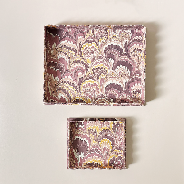 Scalloped Tray Set Burgundy Peacock Feather