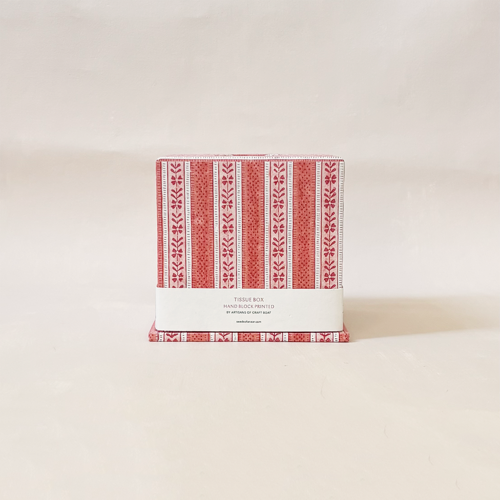 Tissue Box Cover Garnet Red Floral Stripe