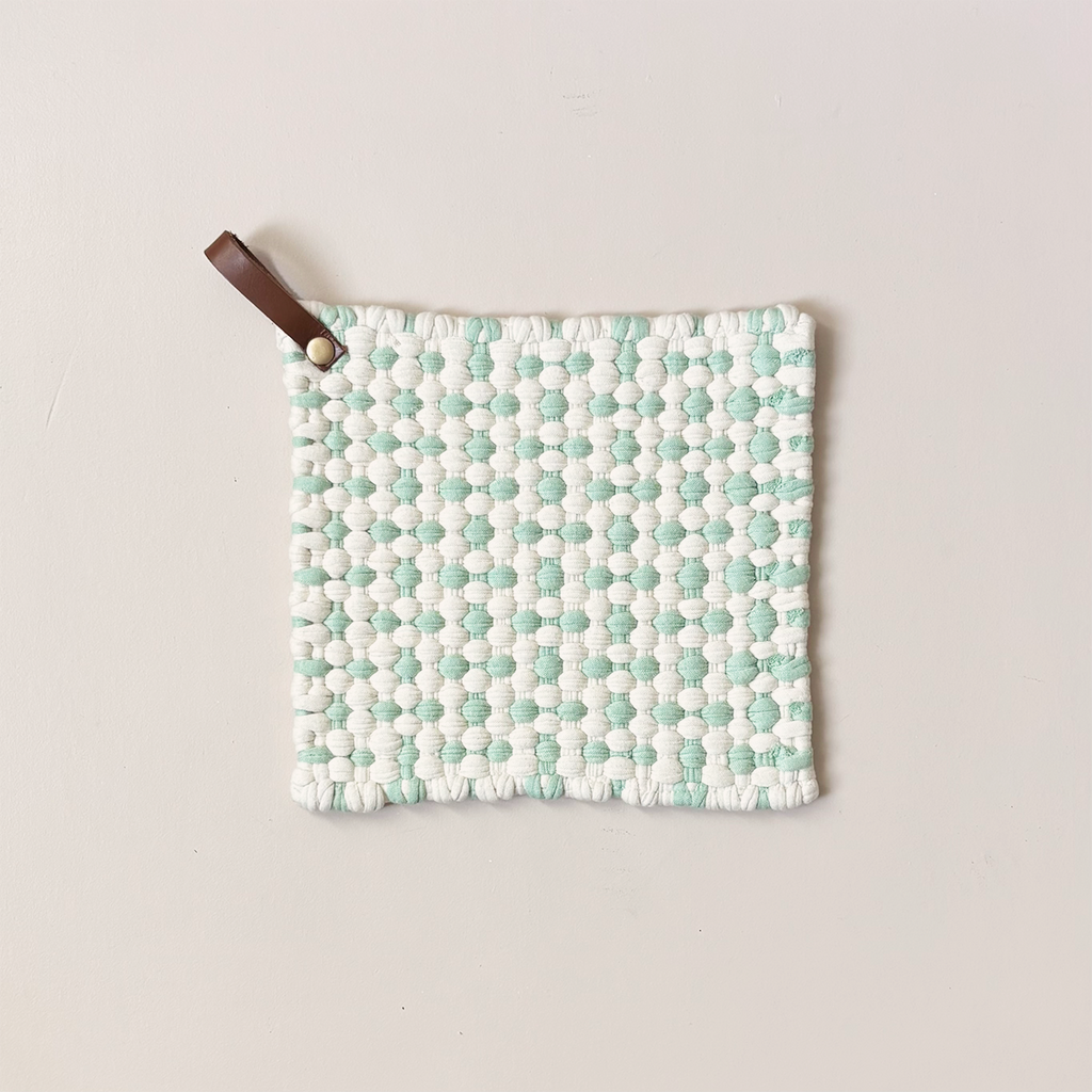 Woven Cotton Trivet with Leather Loop Cream & Mint