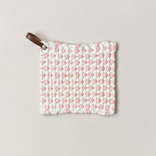 Woven Cotton Trivet with Leather Loop Cream & Pink