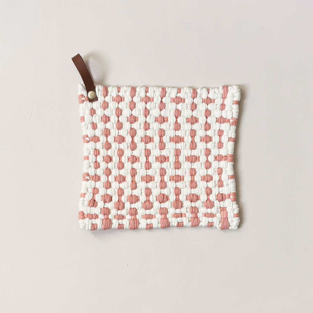 Woven Cotton Trivet with Leather Loop Cream & Rose