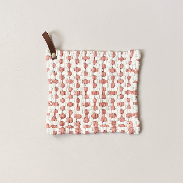 Woven Cotton Trivet with Leather Loop Cream & Rose