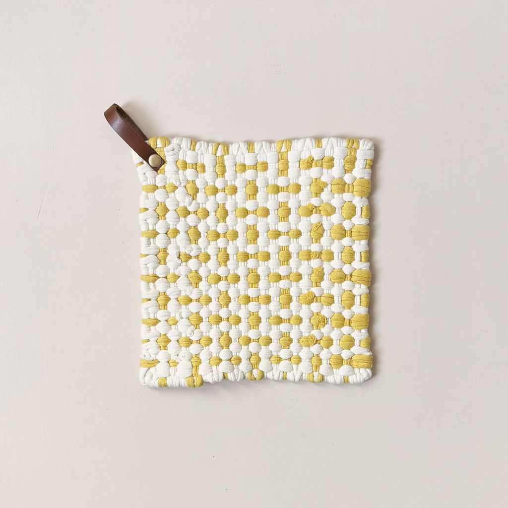 Woven Cotton Trivet with Leather Loop Cream & Yellow