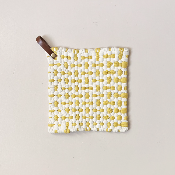 Woven Cotton Trivet with Leather Loop Cream & Yellow