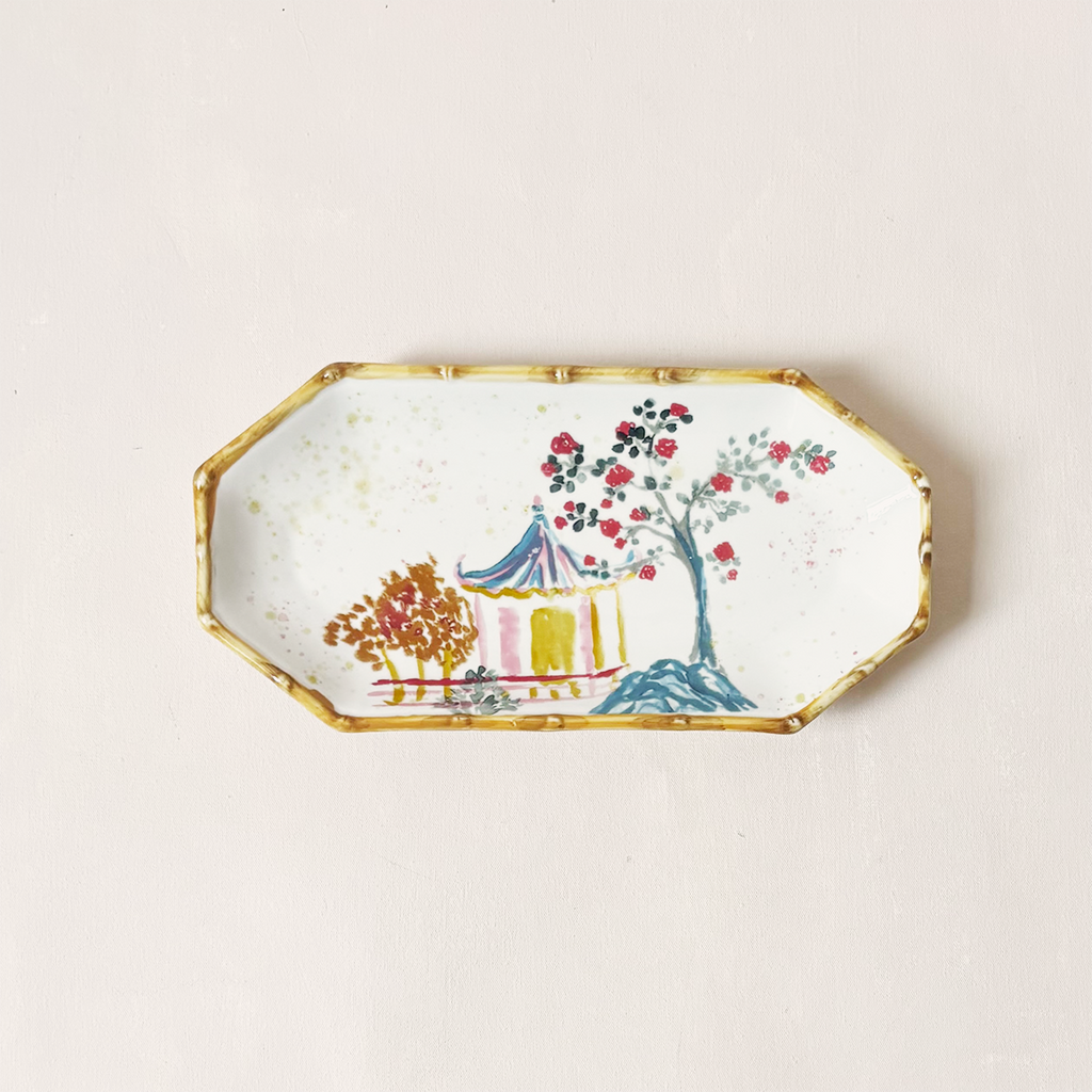 Hand Painted Octagon Shaped Plate with Bamboo Edge