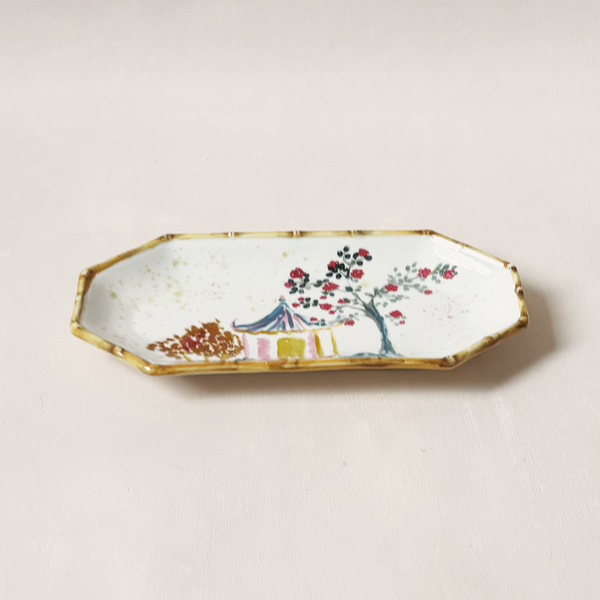 Hand Painted Octagon Shaped Plate with Bamboo Edge