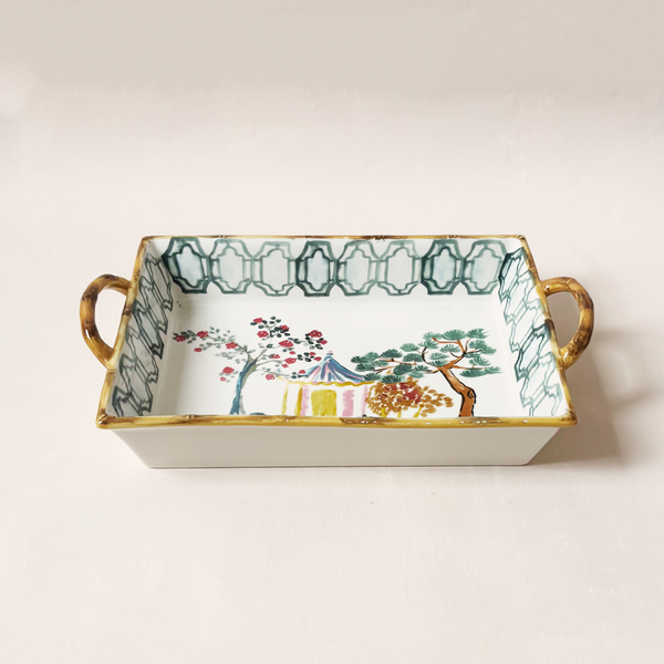 Hand Painted Stoneware Baker with Bamboo Handles