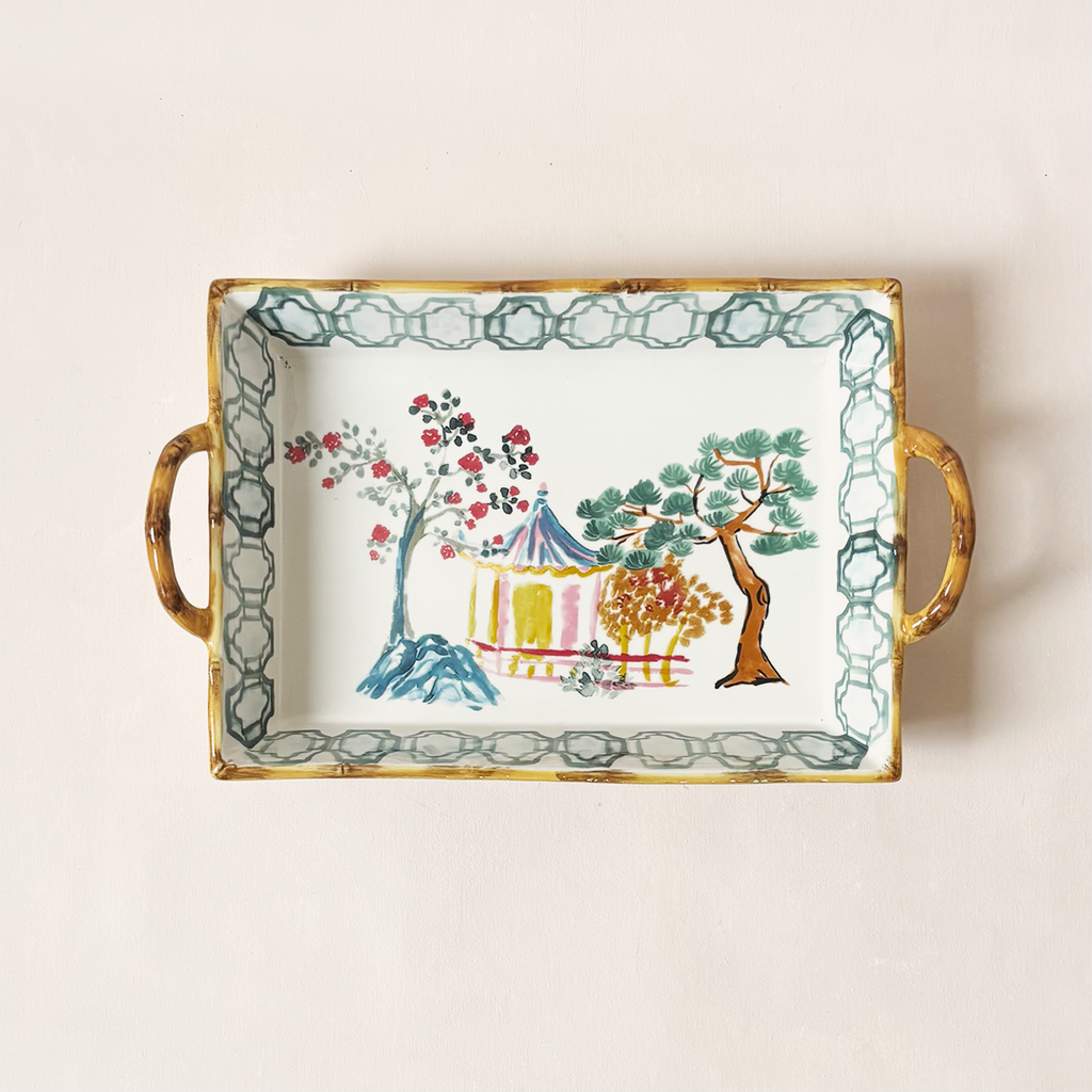 Hand Painted Stoneware Baker with Bamboo Handles