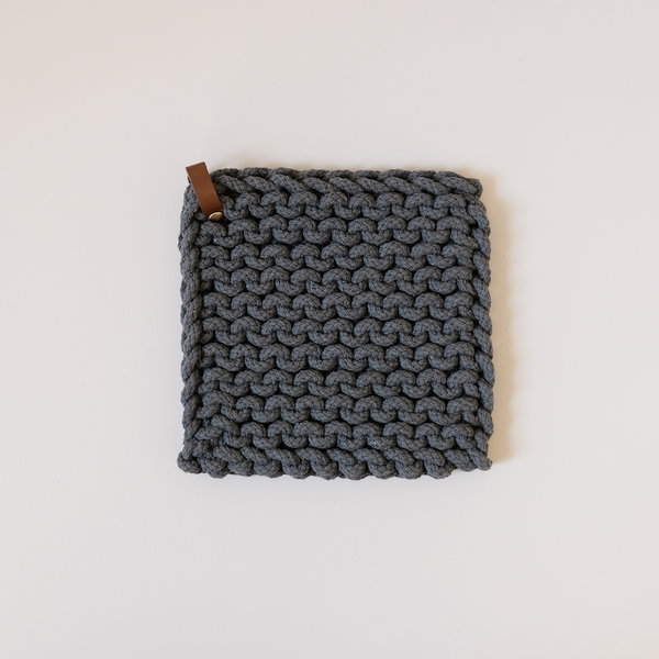 Knit Cotton Pot Holder with Leather Strap Gray