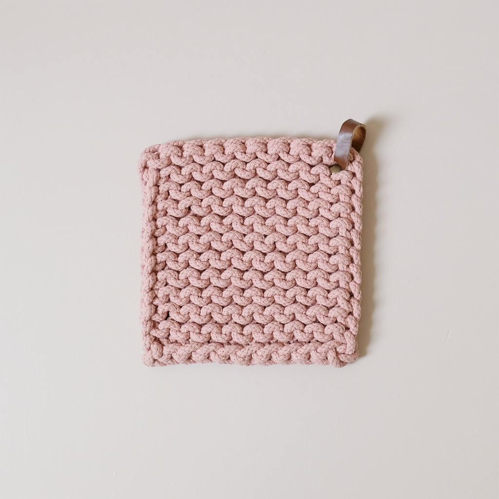 Knit Cotton Pot Holder with Leather Strap Blush Pink