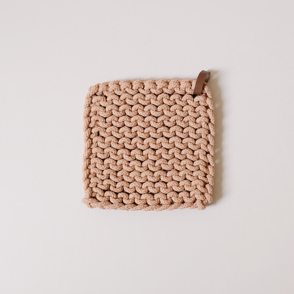 Knit Cotton Pot Holder with Leather Strap Clay