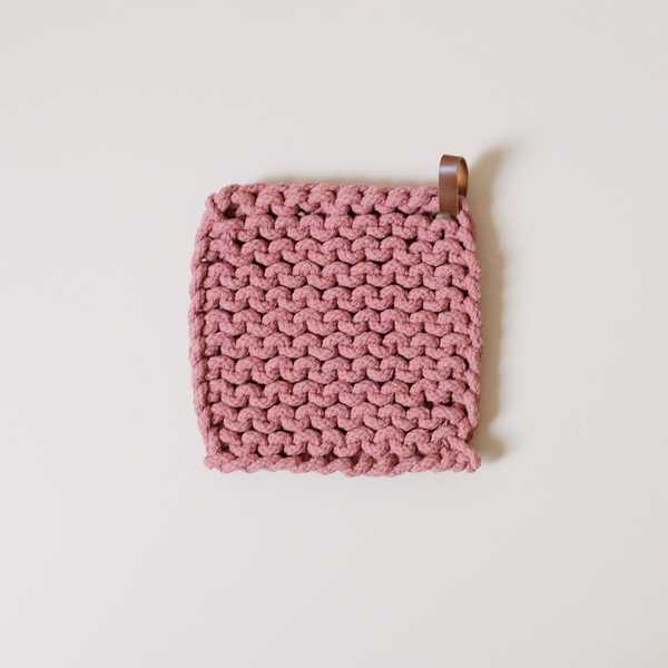 Knit Cotton Pot Holder with Leather Strap Rose