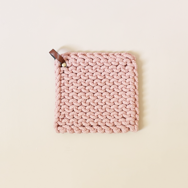 Knit Cotton Trivet with Leather Strap Blush Pink