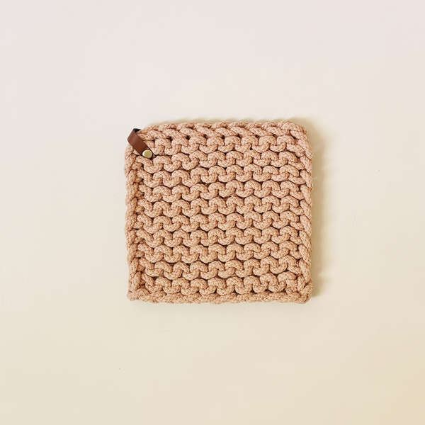 Knit Cotton Trivet with Leather Strap Clay