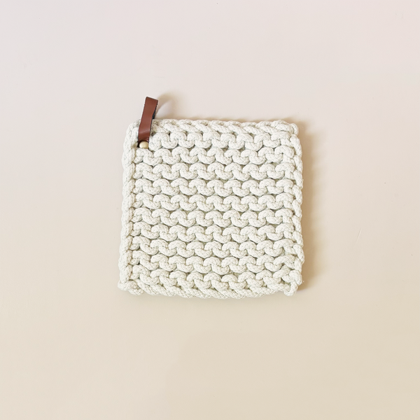 Knit Cotton Trivet with Leather Strap Cream