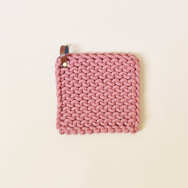 Knit Cotton Trivet with Leather Strap Rose