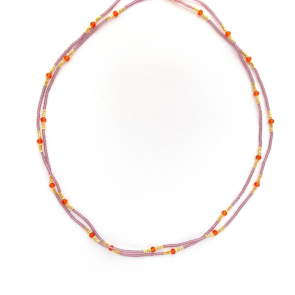 Carnelian & Pink Seed Bead Necklace Long
