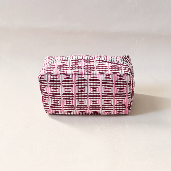 Cosmetic Bag Striped Circles Burgundy & Pink