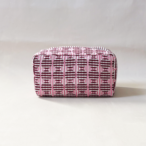 Cosmetic Bag Striped Circles Burgundy & Pink