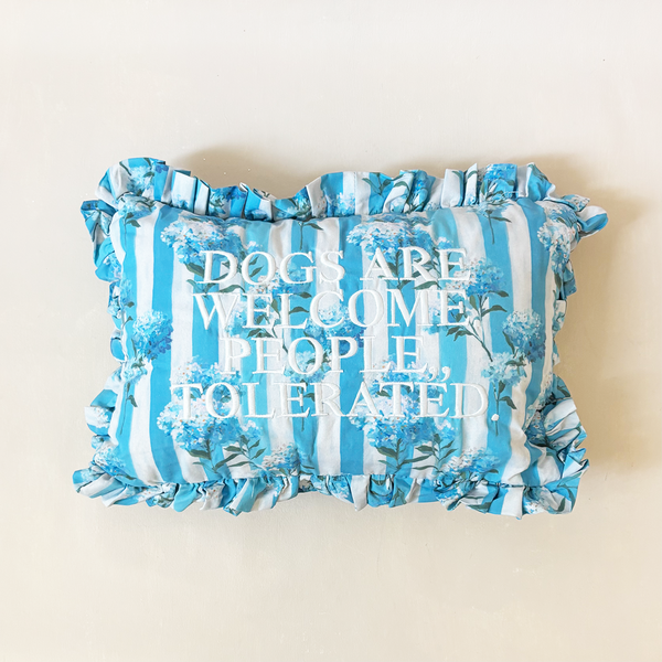 "Dogs Welcome" Ruffled Embroidered Pillow