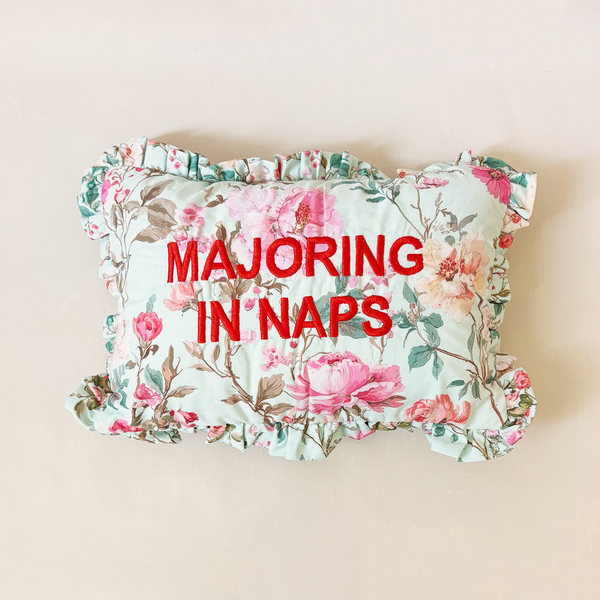 "Nap Major" Ruffled Embroidered Pillow