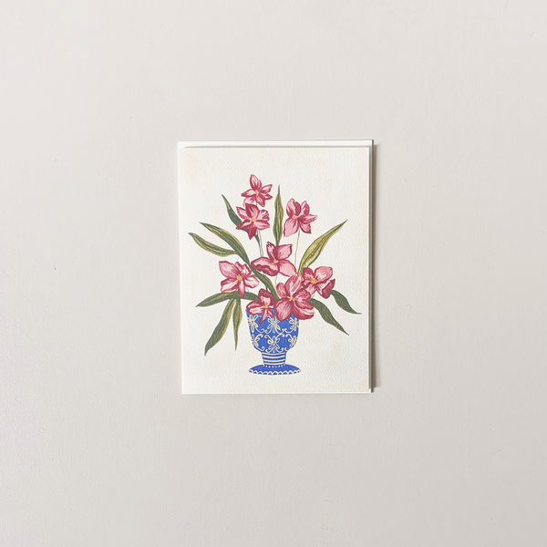 Mauve Flowers in Blue Vase Note Card