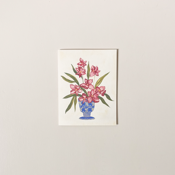 Mauve Flowers in Blue Vase Note Card