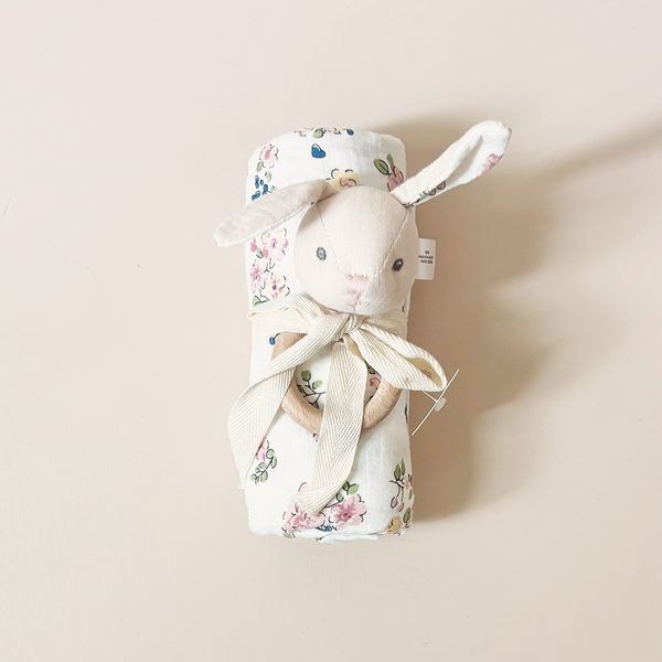 Floral Swaddle & Bunny Rattle Gift Set