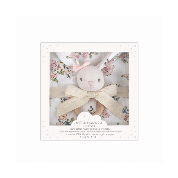 French Floral Swaddle & Rattle Set