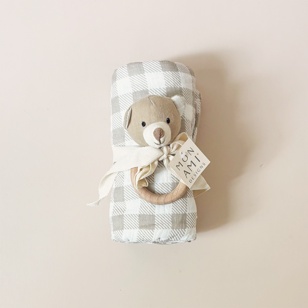 Gingham Swaddle & Bear Rattle Gift Set