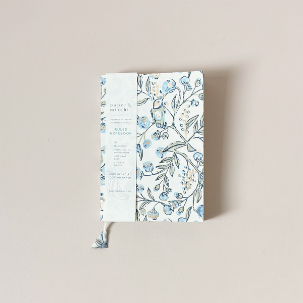 Block Print Lined Notebook Blue Stone Songbirds