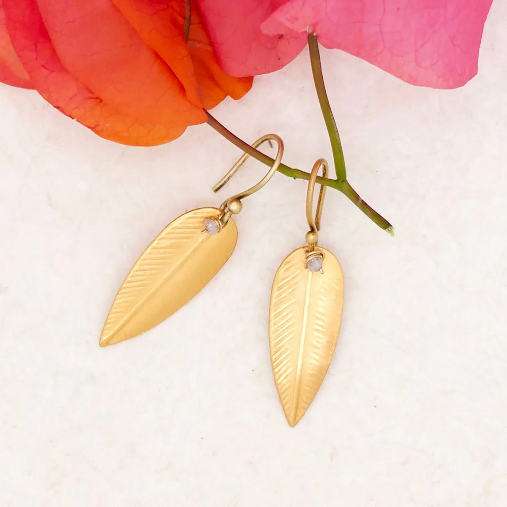 Golden Leaf with White Diamond Earrings