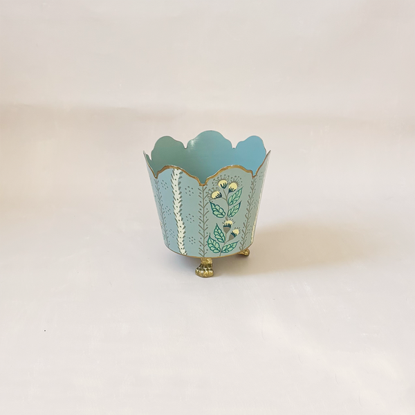 Grey Blue & Gold Floral Cachepot Small