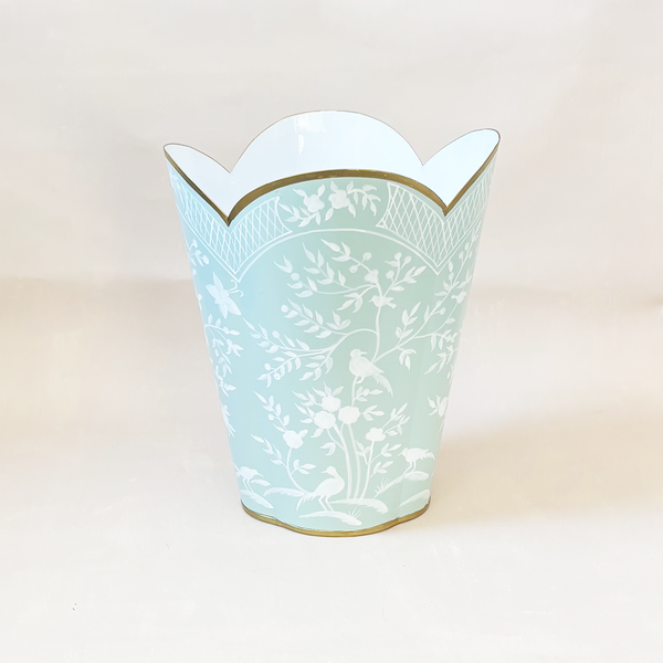 Mint & White Chinoiserie Wastebasket
