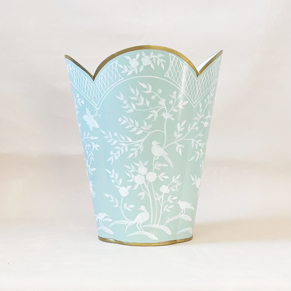 Mint & White Chinoiserie Wastebasket
